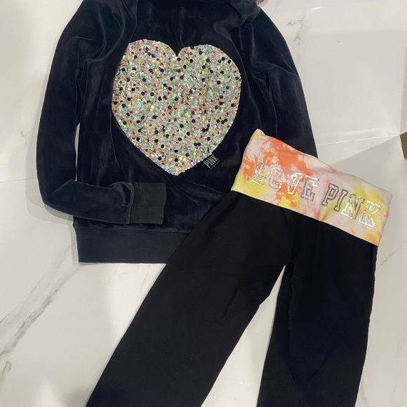 PINK Victoria's Secret Pants - Victoria's Secret Pink Black Heart Fur Hoodie Set